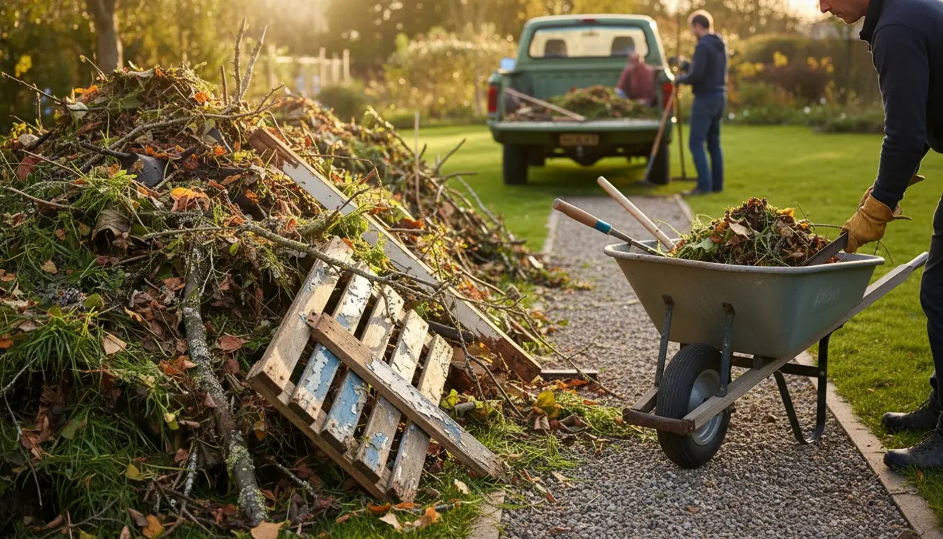 Stor bunke gammelt haveaffald og træ fra gamle havemøbler ved en havegang klar til afhentning.