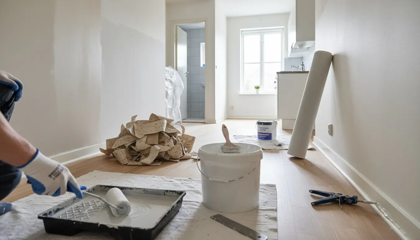 Renovering i en lille lejlighed med afrevet savsmuldstapet, opsat glasfilt, malerruller og ny fuge langs panelerne.