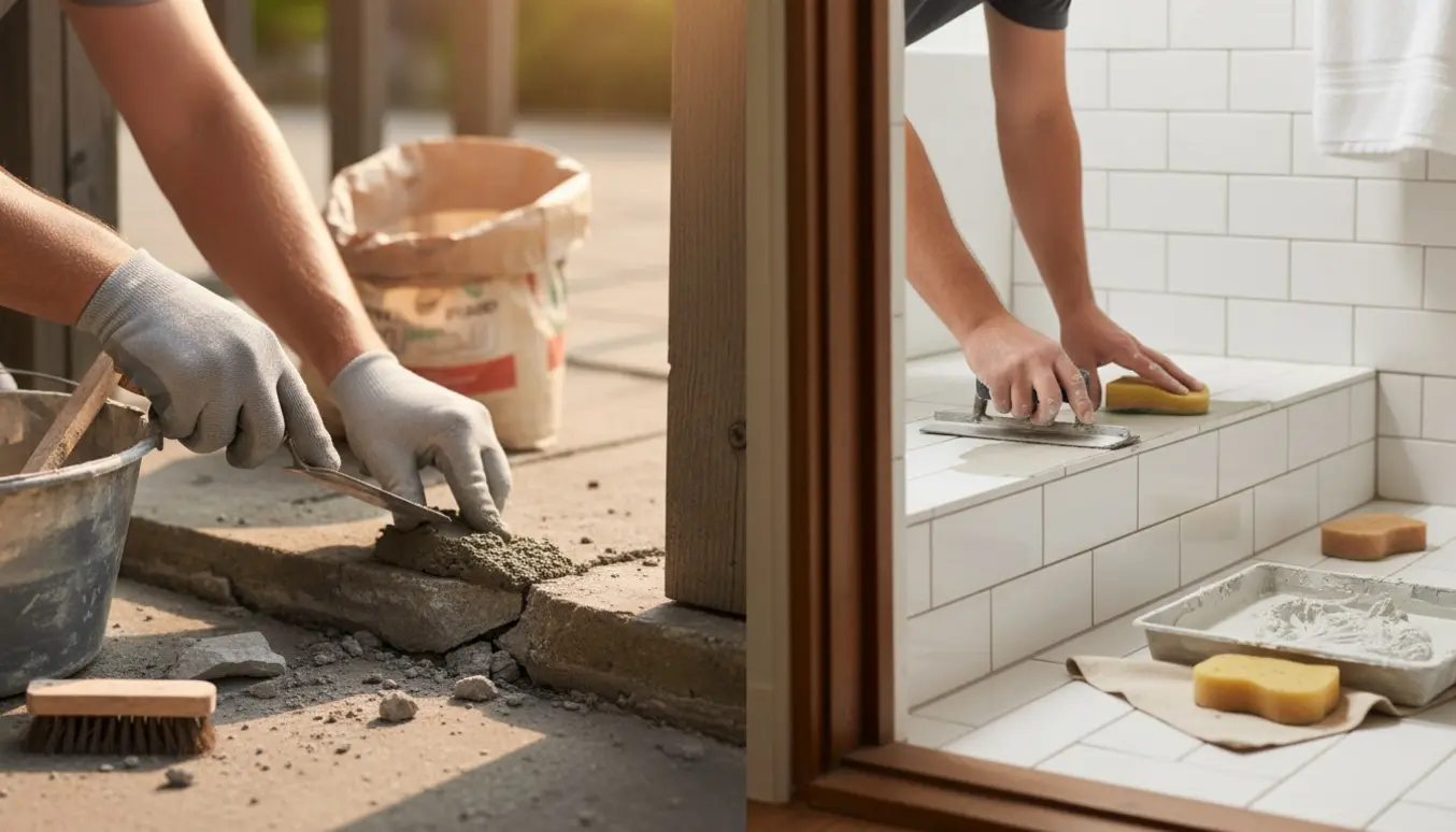 Nærbillede af hænder, der reparerer en knækket cementtrappe udenfor og pudser et trin ind til badeværelset med værktøj og frisk mørtel.