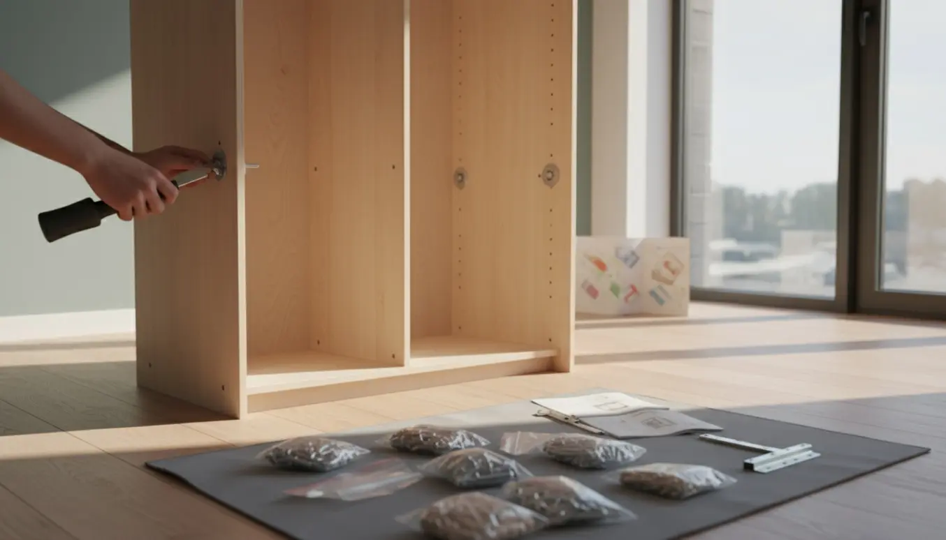 Delvist samlet lys trægarderobe under montering med værktøj og hænder i fokus.