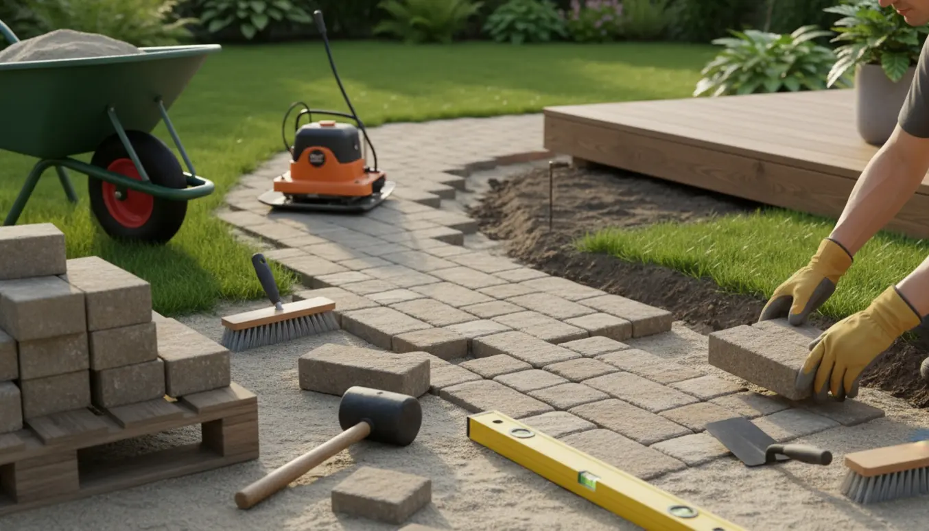 Delvist omlagt gangsti af herregårdssten omkring en træterrasse med værktøj og materialer.