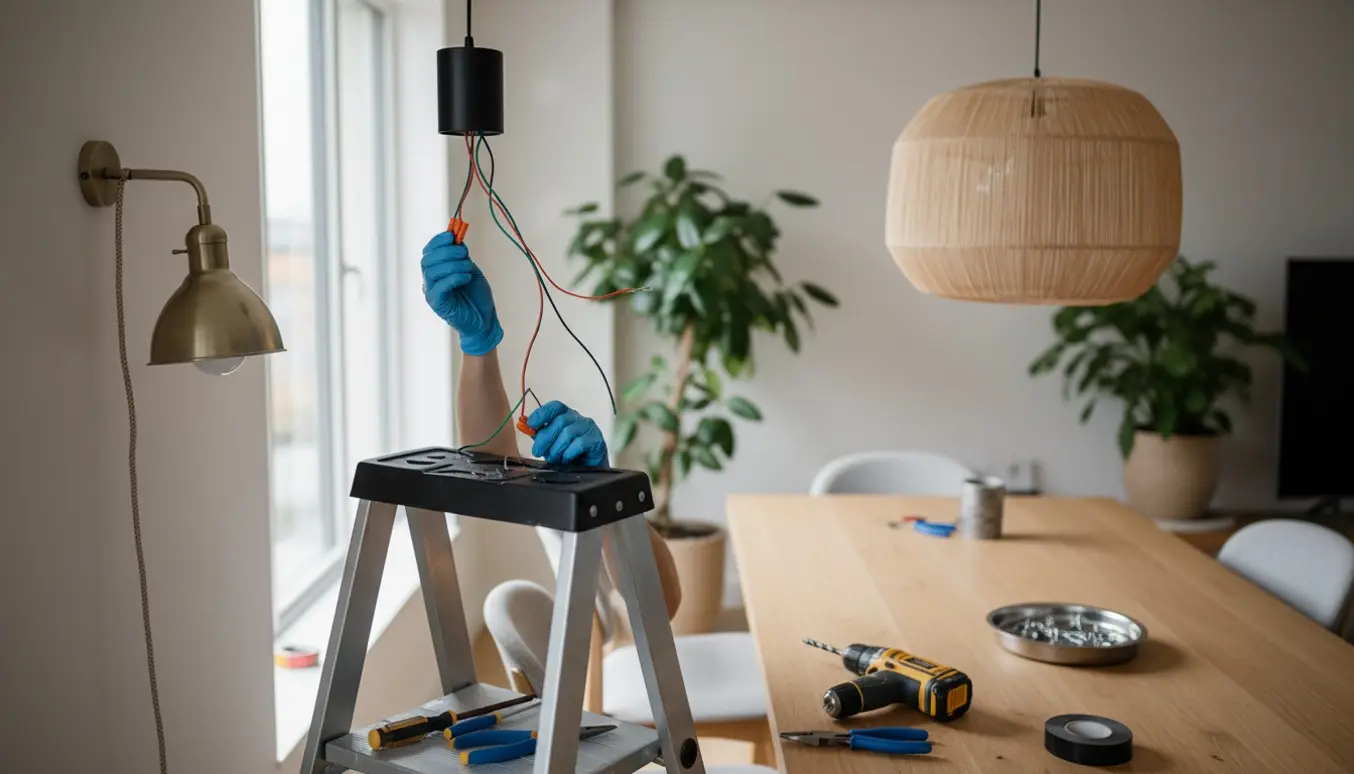 Nærbillede af ophængning og tilslutning af tre pendler i en moderne spisestue, hænder med handsker arbejder fra en stige.