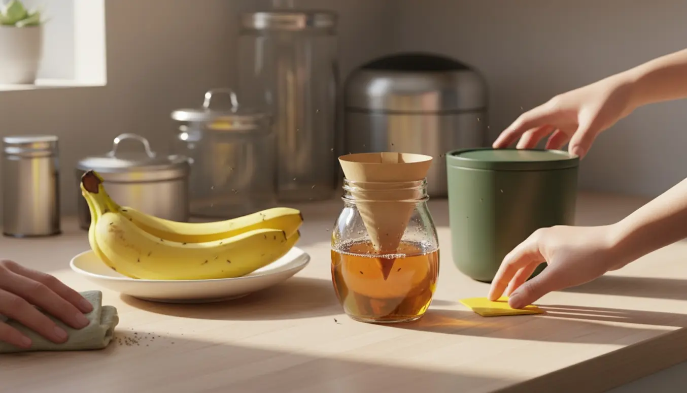 Hjemmelavet eddikefælde på køkkenbordet med modne frugter og hænder, der bekæmper bananfluer.