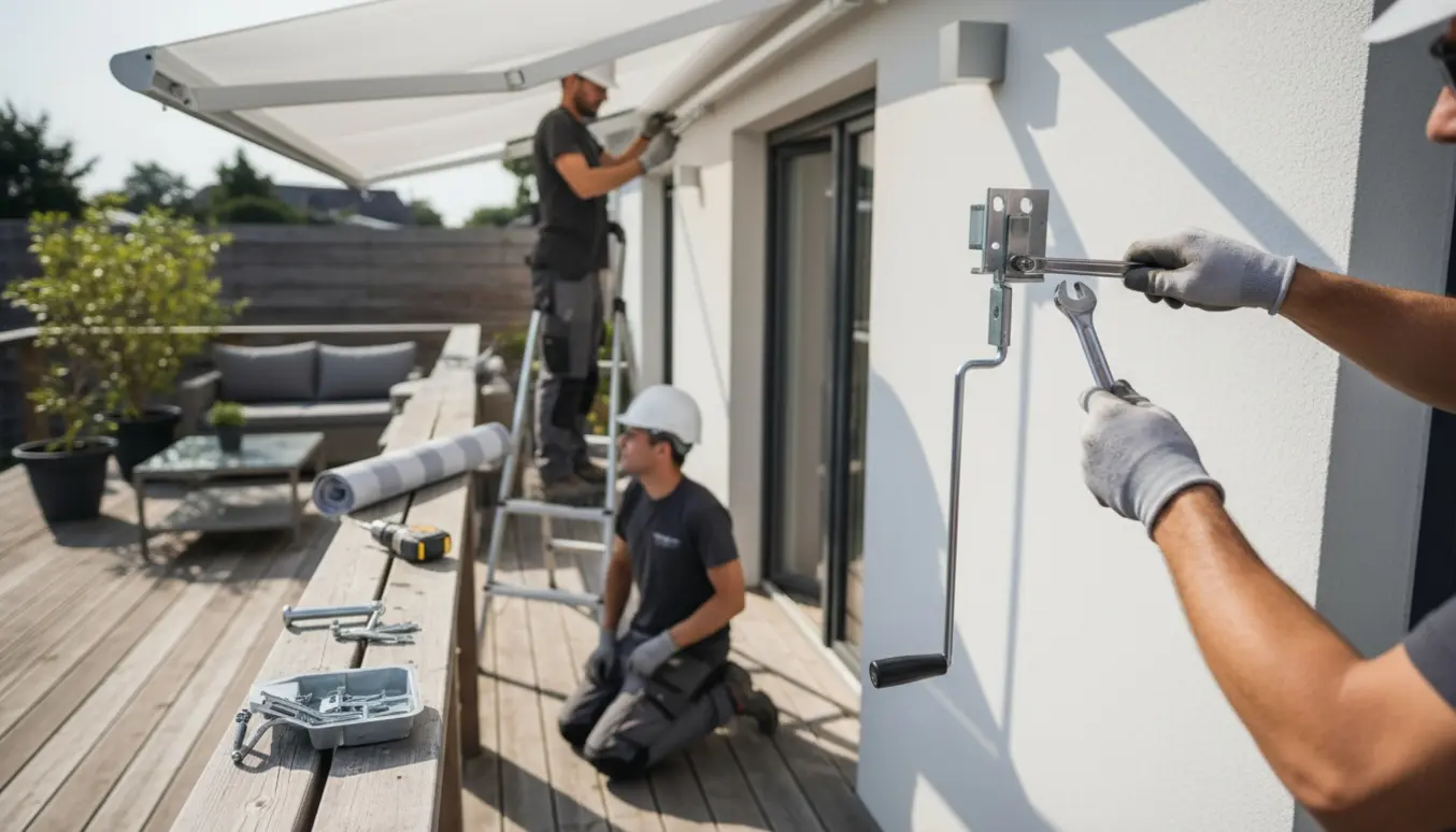 Installatører udskifter en manuel markise på en træterrasse, hvor hænder spænder beslag fast.