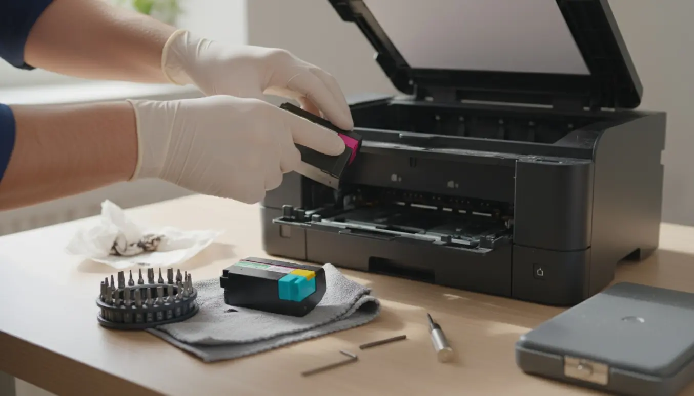 Åben kontorprinter med tom plads til printhead, blækpatroner og Torx-værktøj klar til reparation.