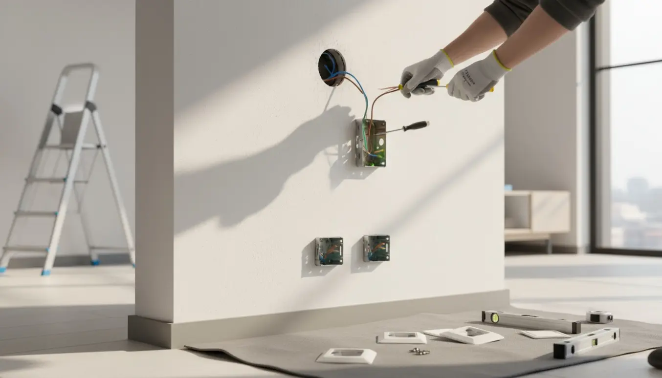 Hænder installerer nyt lampeudtag og flere stikkontakter i en hvid gipsvæg i et lyst rum.