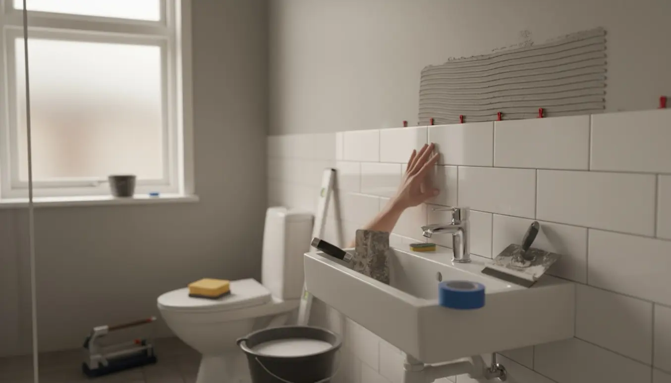 Hænder placerer nye hvide vægfliser i et lille københavnsk badeværelse i blødt dagslys.