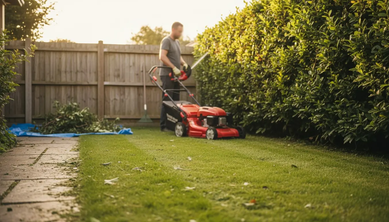 Person klipper hæk langs et træhegn med nyslået græs i forgrunden.