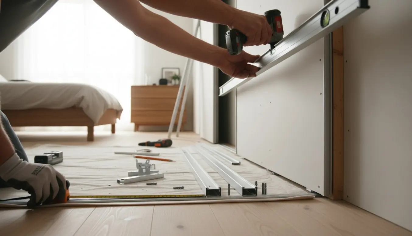 Hænder tilpasser og monterer metalskinner fra væg til væg i gulv og loft til skyde- skabsdøre i et lyst rum.