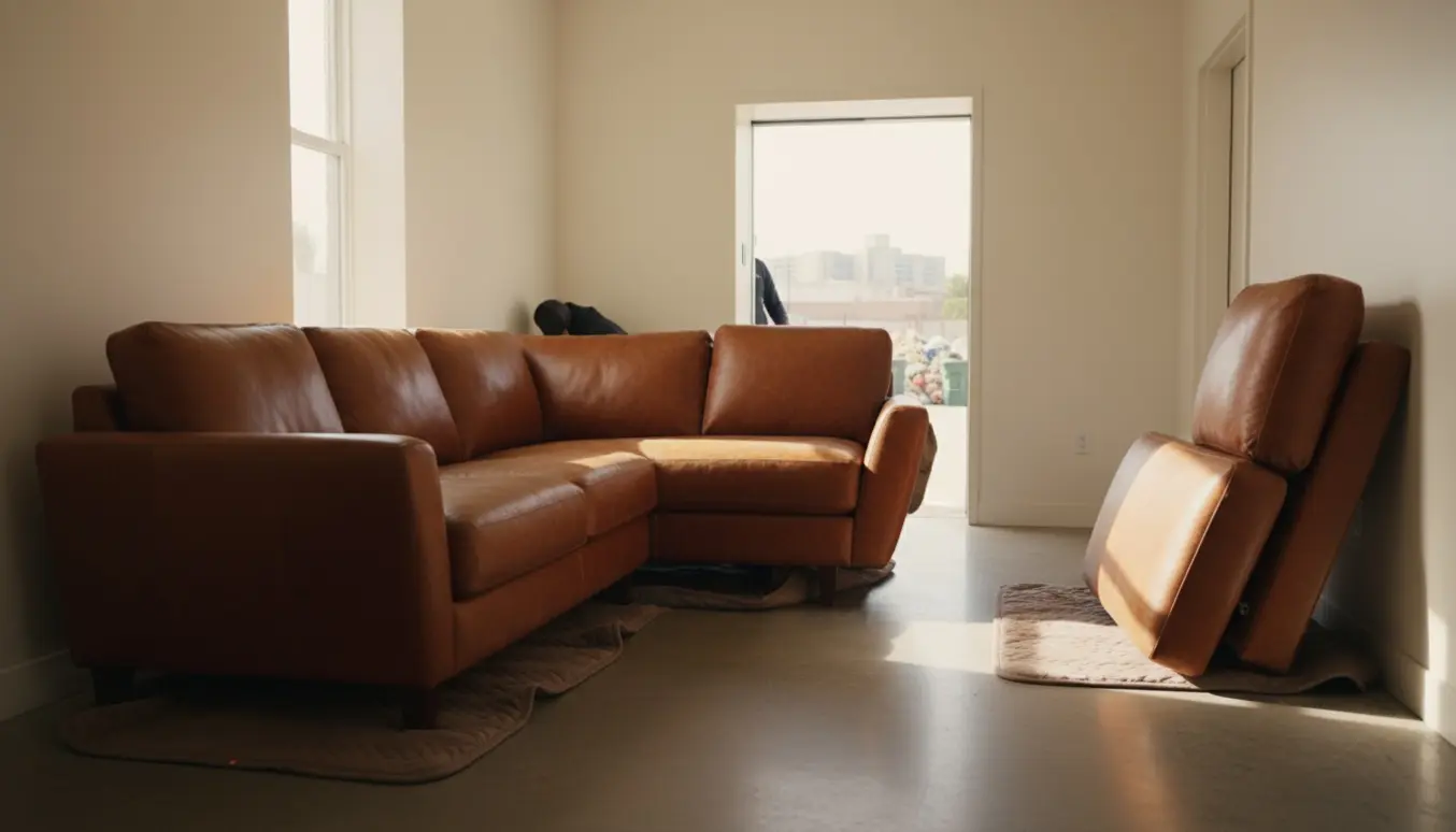 To personer bærer en opdelt brun lædersofa med chaiselong ind i en elevator i en opgang klar til afhentning.