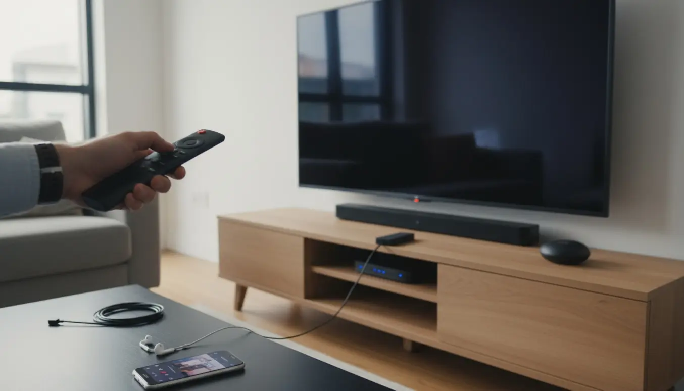 Hånd peger med fjernbetjening mod et fladt TV med sort skærm, streamingboks og router på mediabordet.