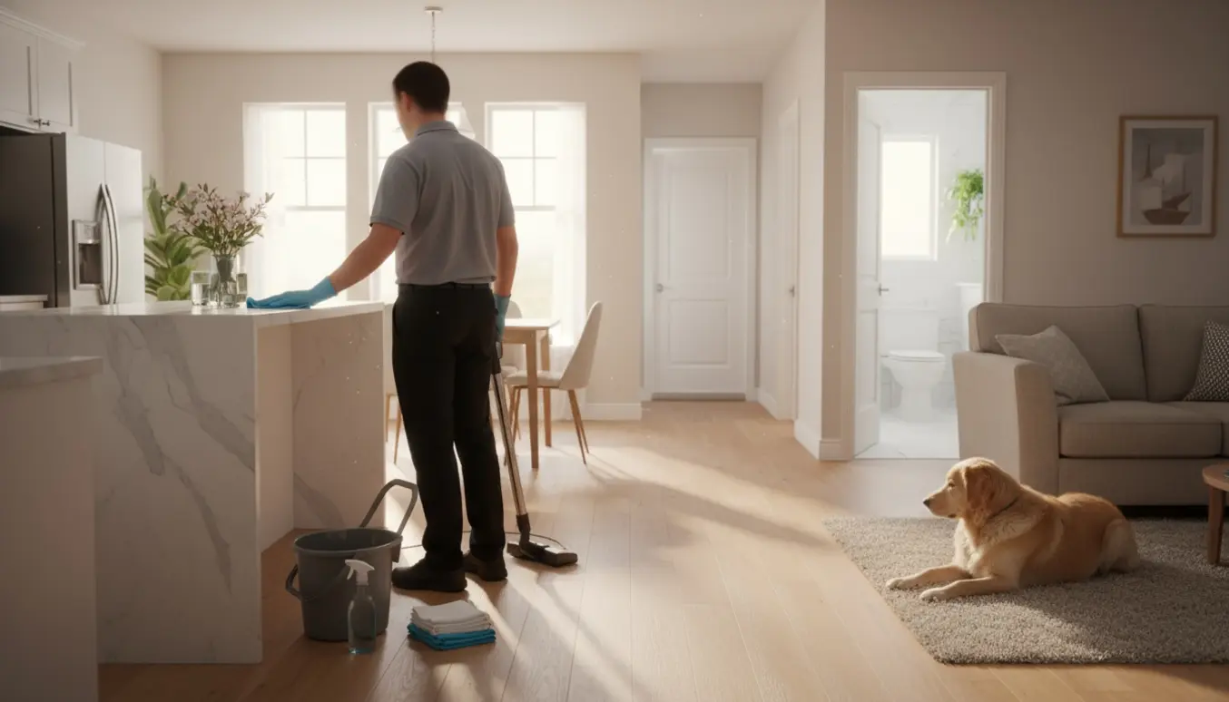 Professionel rengøringsperson støvsuger et åbent køkken-alrum med moppe og hund i baggrunden.