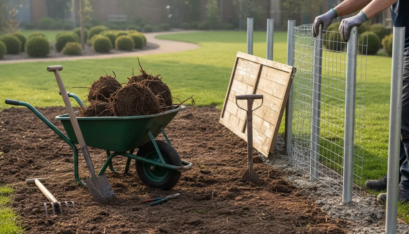 Opgravning af buske og fjernelse af træstakit med opsætning af nyt 1,3 m trådhegn i en lille have.