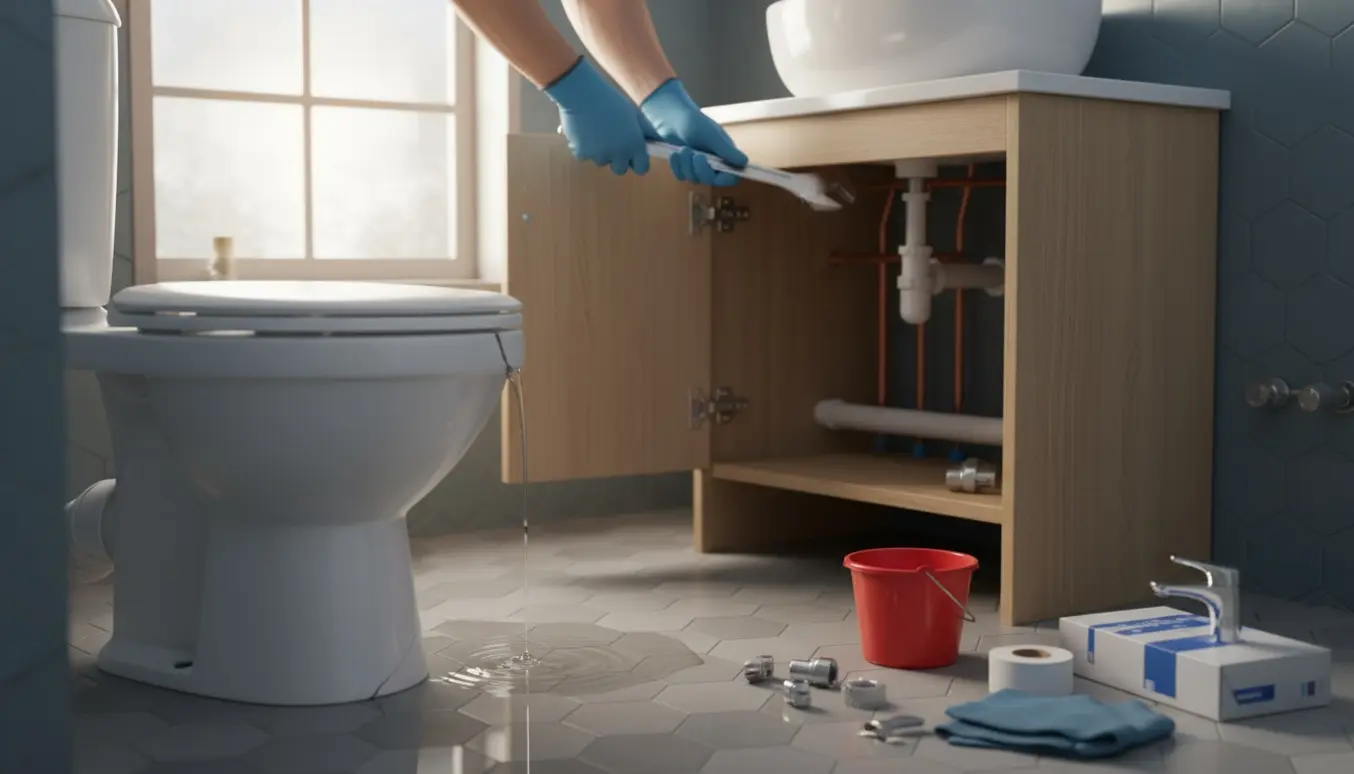 Håndværker udskifter et dryppende toilet og monterer et nyt håndvaskmøbel med synlige rør og værktøj i et lyst badeværelse.