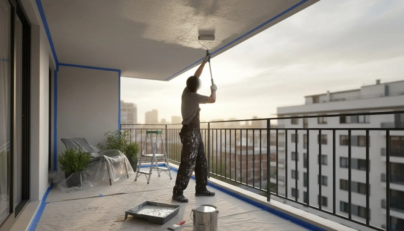 En maler på en lille altan maler loft og vægge med malerrulle, afdækningsplast og malertape.