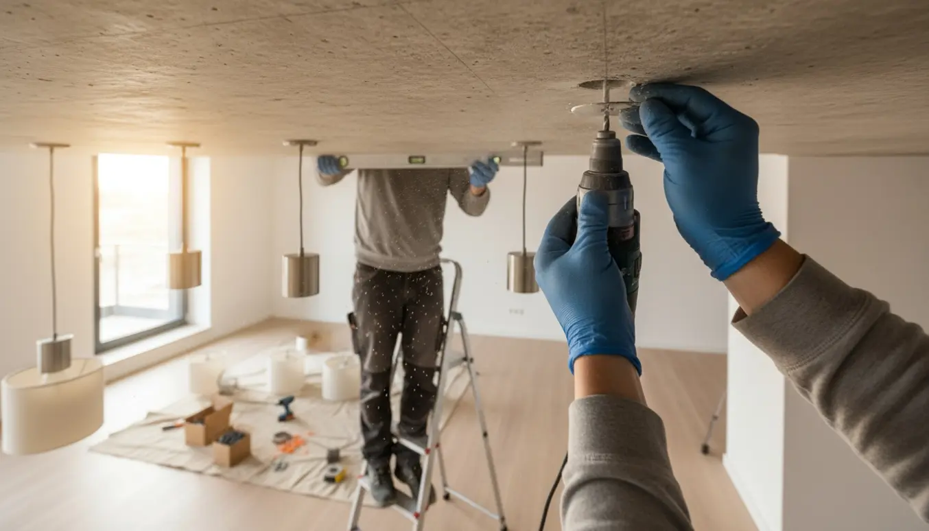 Hænder monterer en loftslampe i et betonloft med værktøj og fire ekstra lamper på gulvet.
