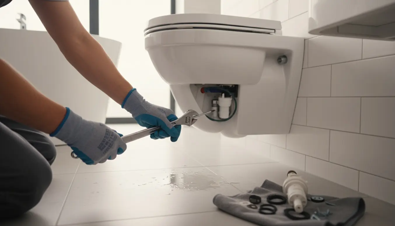Væghængt toilet med åbent adgangspanel, VVS-værktøj og hånd i handsker, der reparerer cisternens indre.