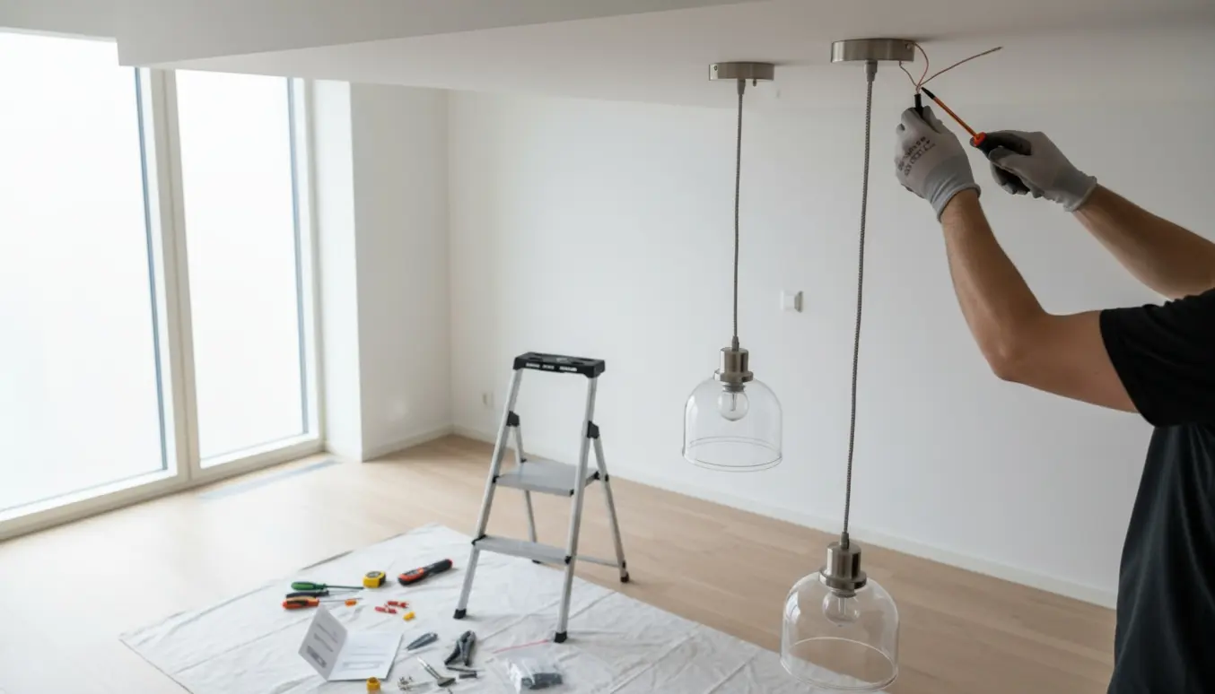 Hænder monterer to pendler i loftet i et lyst, moderne rum med værktøj spredt nedenfor.