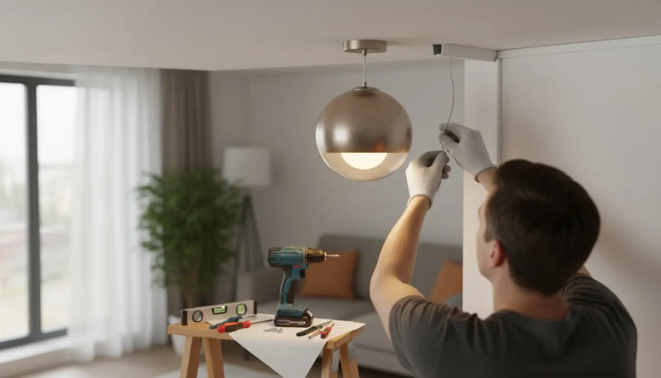 En person monterer en loftslampe og skjuler ledninger i væghjørnet med en diskret kabelkanal.