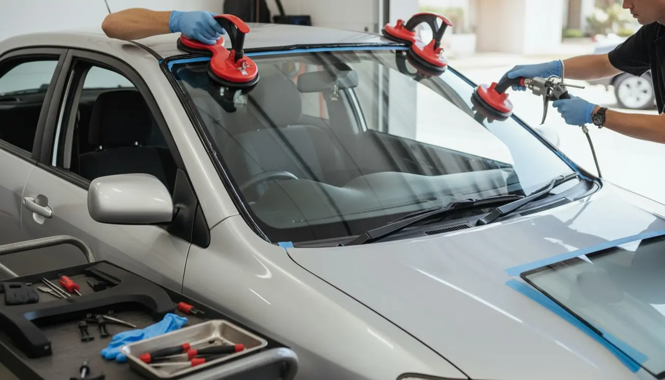 Udskiftning af forrude på en kompakt bil i en lys garage, teknikernes hænder holder den nye rude med sugekopper.