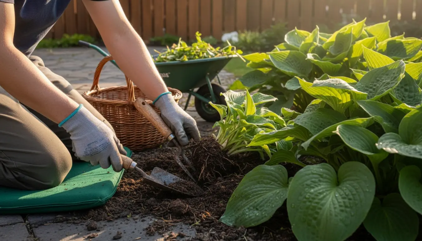 Hænder i handsker tynder og luger hostaer i en lille baghave med redskaber og en kurv til ukrudt.