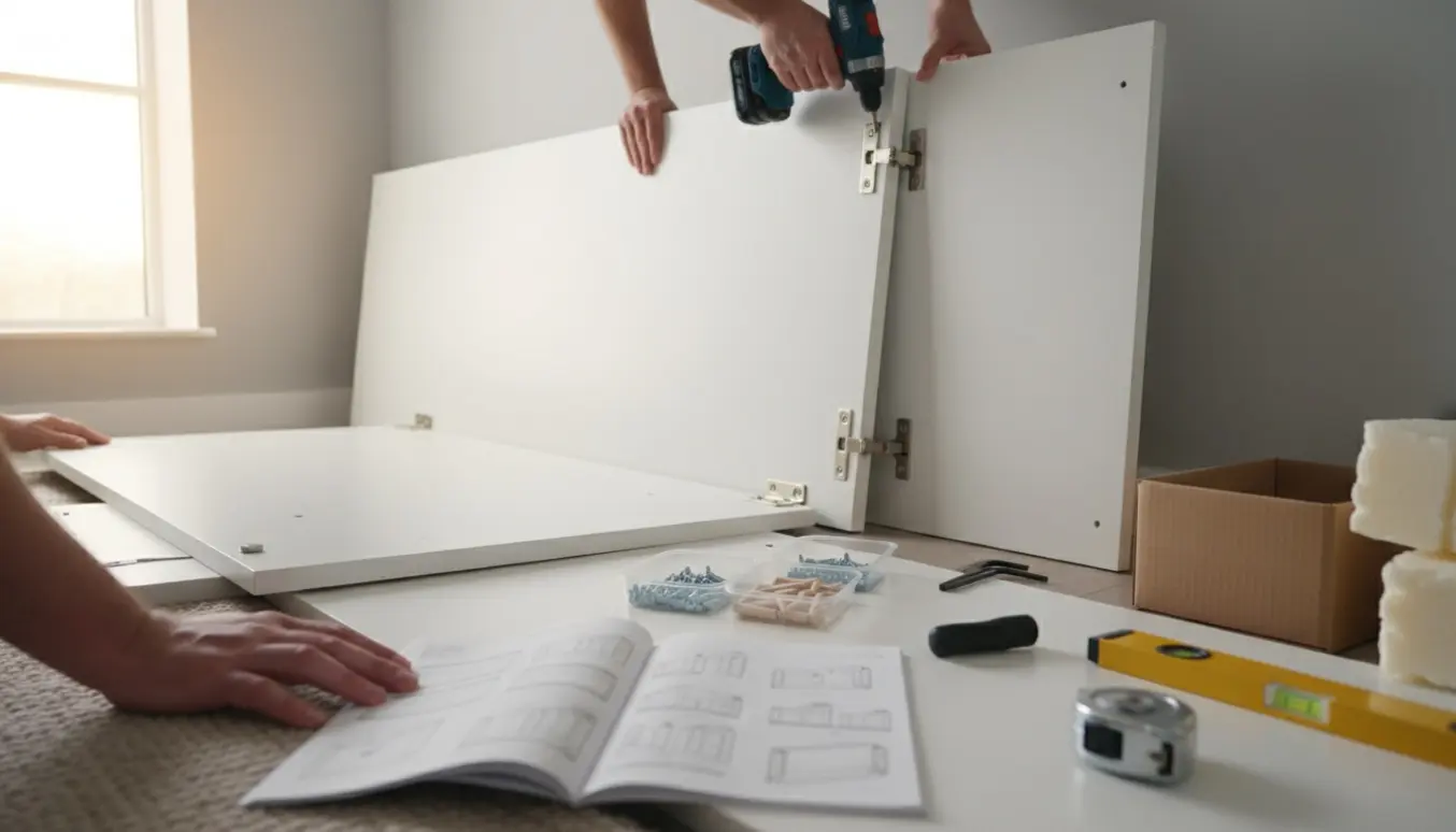 Hænder samler et fladt pakkeskab i et lyst soveværelse med skabsplader og værktøj på gulvet.
