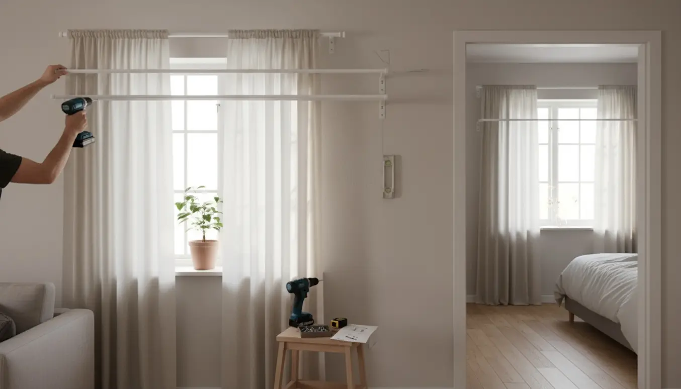 Hænder monterer to hvide dobbelte gardinstænger over vinduer i en lys, skandinavisk stue og soveværelse.
