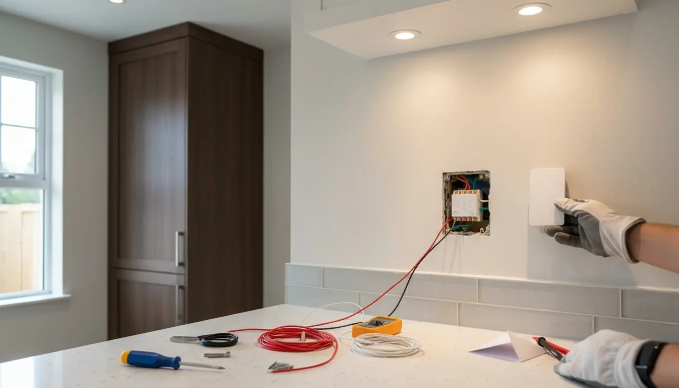 Nærbillede af montering af trådløs lysafbryder i køkken med dobbelt-relæ og værktøj på bordet.