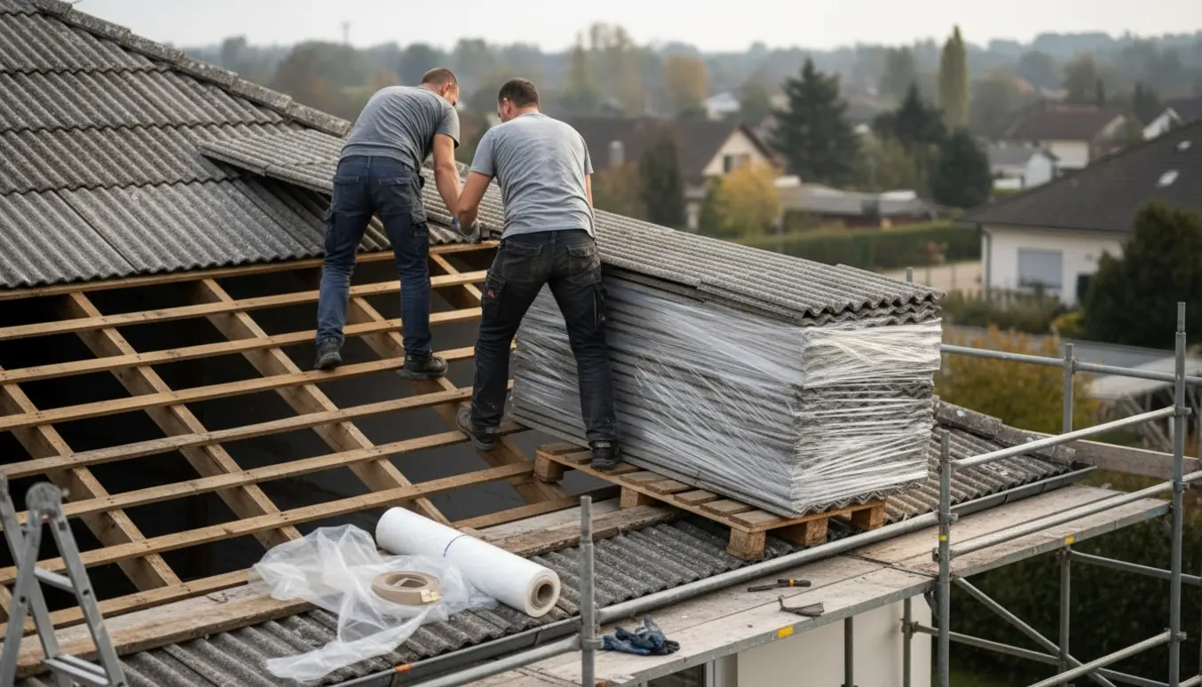 Arbejdere stabler eternit tagplader på en palle dækket af plast klar til bortskaffelse.