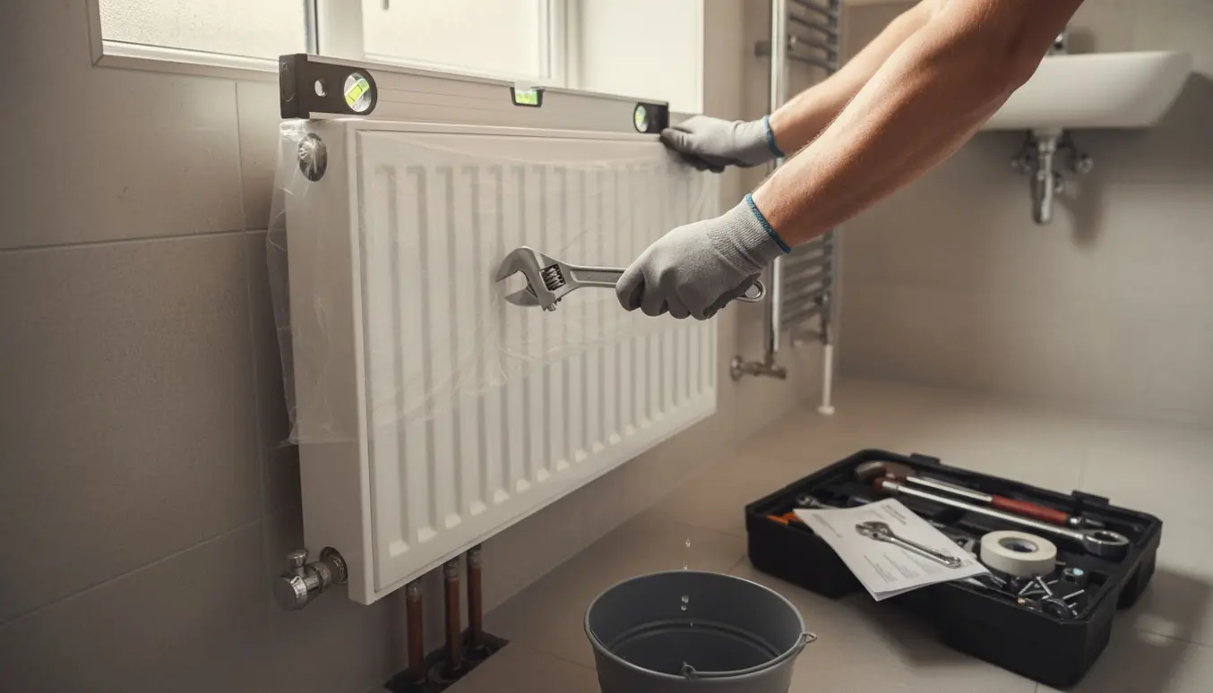 En VVS'er monterer en ny radiator i et flisebadeværelse med værktøj og åben rørføring.