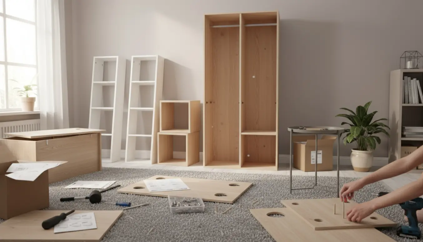 Flade pakkemøbler samles i en lys stue med værktøj og dele spredt omkring.
