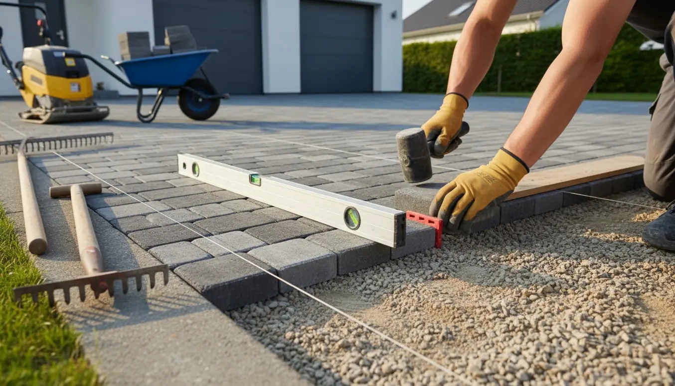 Delvist færdiglagt indkørsel med fliser på afrettet stabilgrus og værktøj i forgrunden.
