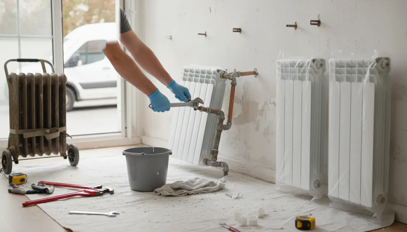 Håndværker afmonterer en radiator i en lejlighed med to nye radiatorer klar til installation.