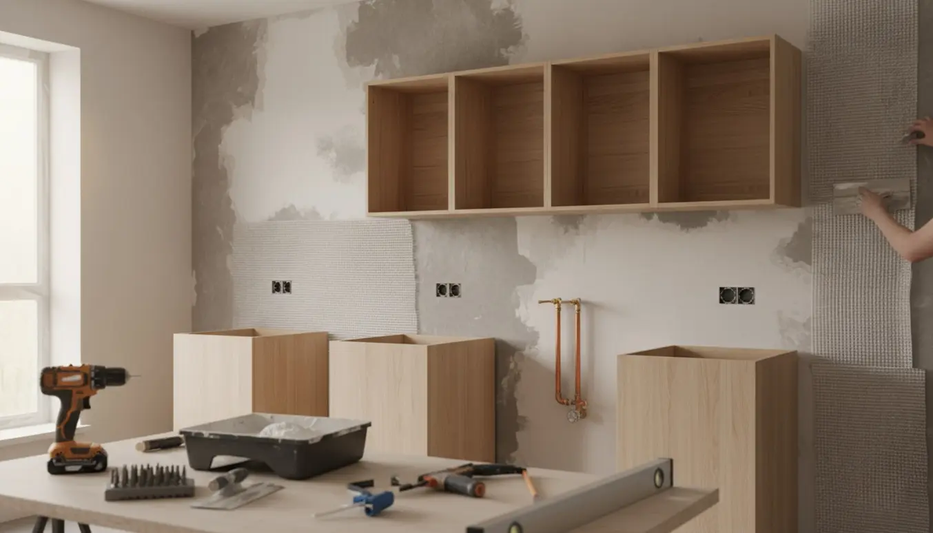 Køkken under renovering med nyligt spartlede vægge, fire modulskabe delvist monteret og værktøj på arbejdsbordet.