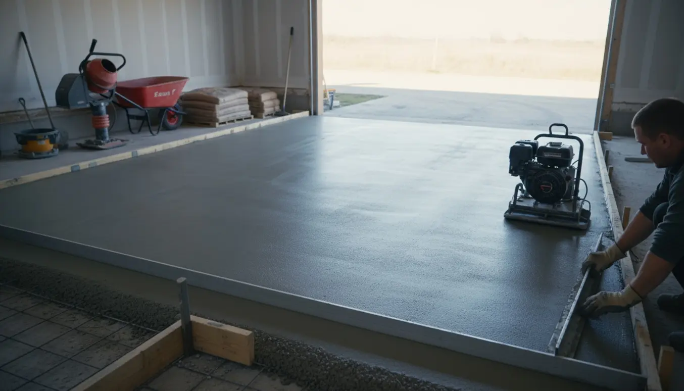 Indvendig dobbelgarage med nyligt udjævnet lys gråt betongulv og håndværker, der glatter overfladen.