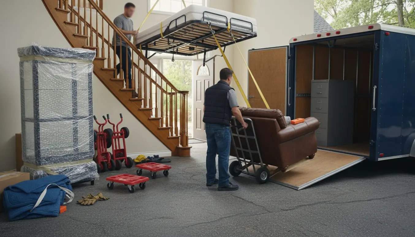 Flyttefolk sænker en elevationsseng ned ad trappen og læsser tunge møbler ind i en trailer.