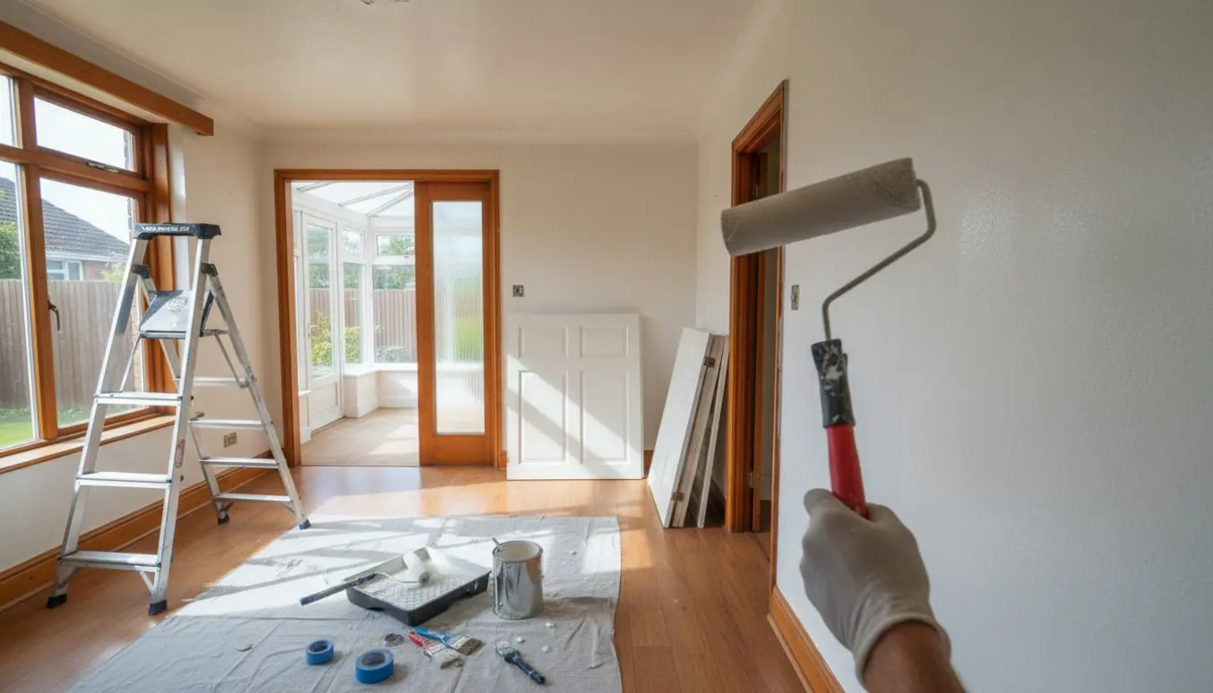 Indendørs stue i et parcelhus med malerarbejde i gang: rulle, malebakke, stige og nymalede vægge i dagslys.