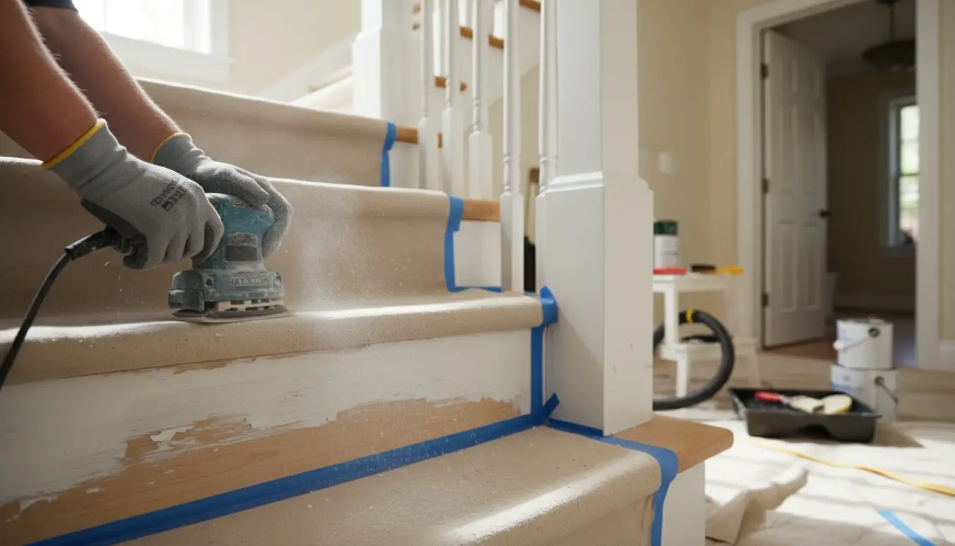 Indendørs trappe med hvide trappedele, hvor en lille rystepudser sliber overfladen ved siden af afdækningsdug og slibestøv.