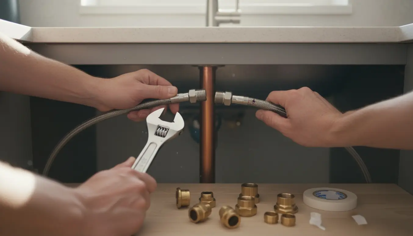 Halvt monteret køkkenarmatur under vasken med uforenelige rør og fittings.