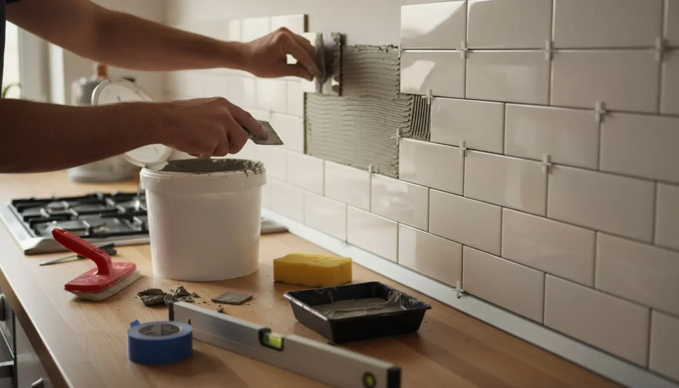 Nærbillede af flisevæg over komfur under montering med hænder, fliseklæb og fugeværktøj.