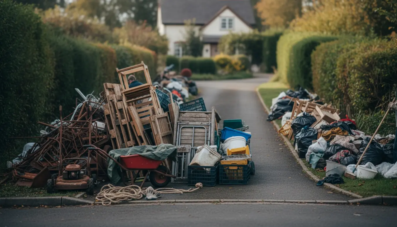 Sorterede bunker med storskrald af metal, træ, plast og diverse ved en indkørsel i en rodet have.