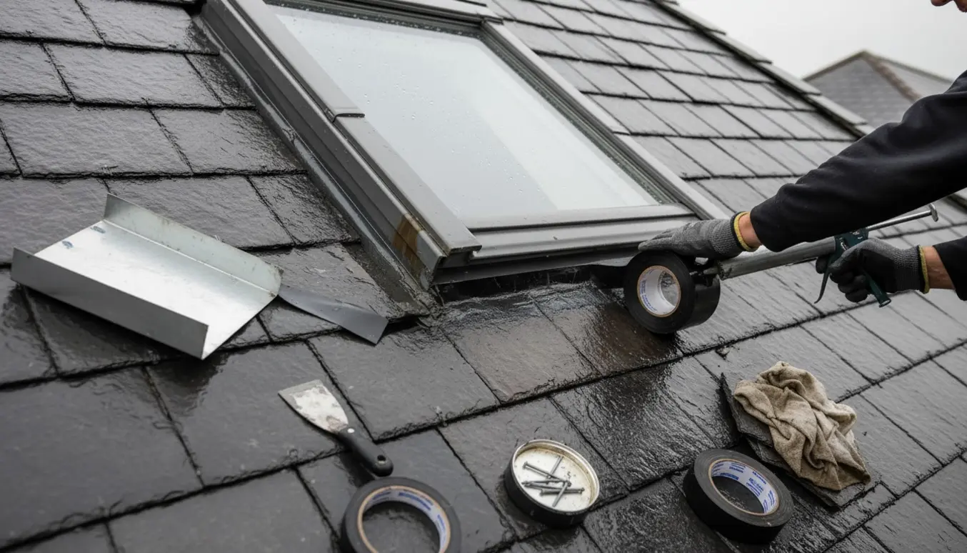 Nærbillede af håndværkerens hænder, der tætner inddækningen ved et tagvindue på et stejlt 45° tag.