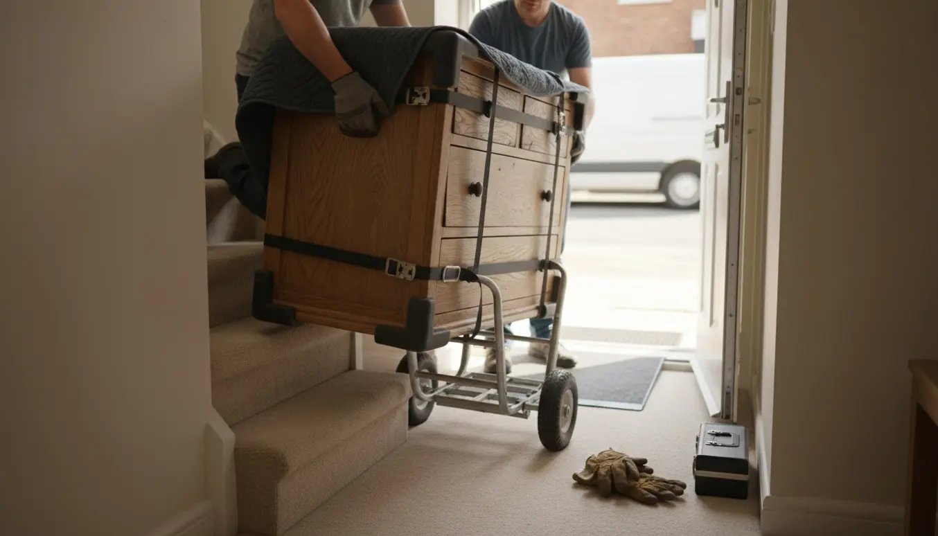 Et gammeldags egetræs kommode bliver båret ud af en stue og læsset mod en flyttevogn med tæpper og traller.