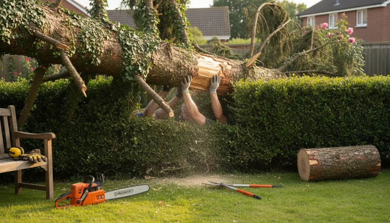 Et væltet, efeubeklædt grantræ skæres i store stykker og løftes over en hæk med motorsav og grensaks i nærheden.