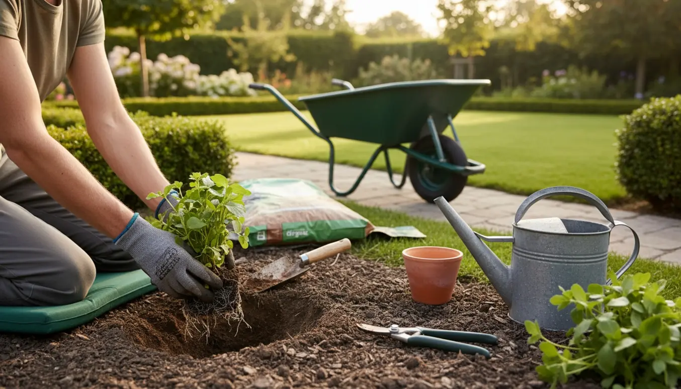 Nærbillede af hænder, der planter unge stauder i nyopgravet havejord med haveredskaber omkring.