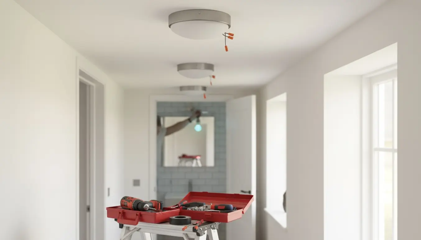Hænder på en stige monterer loftslamper med boremaskine og værktøj, mens en smart lampe sættes i badeværelset.