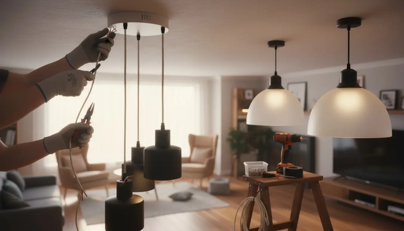 Fire lamper opsættes i loftet; tre hænger samlet, og hænder skifter en ledning på en af dem.