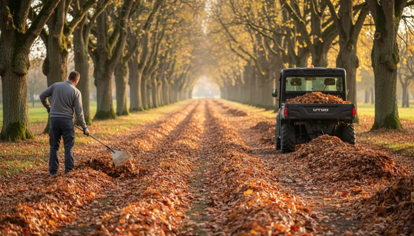 En person raker blade på en lang allé med en UTV og trailer til at samle bladene.