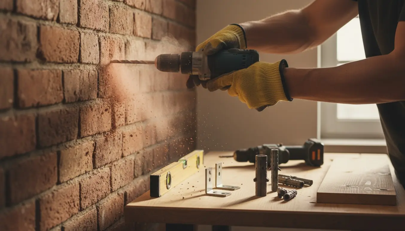 Nærbillede af boring af to huller i en murstensvæg med boreudstyr, vater og hyldebeslag klar til montering.