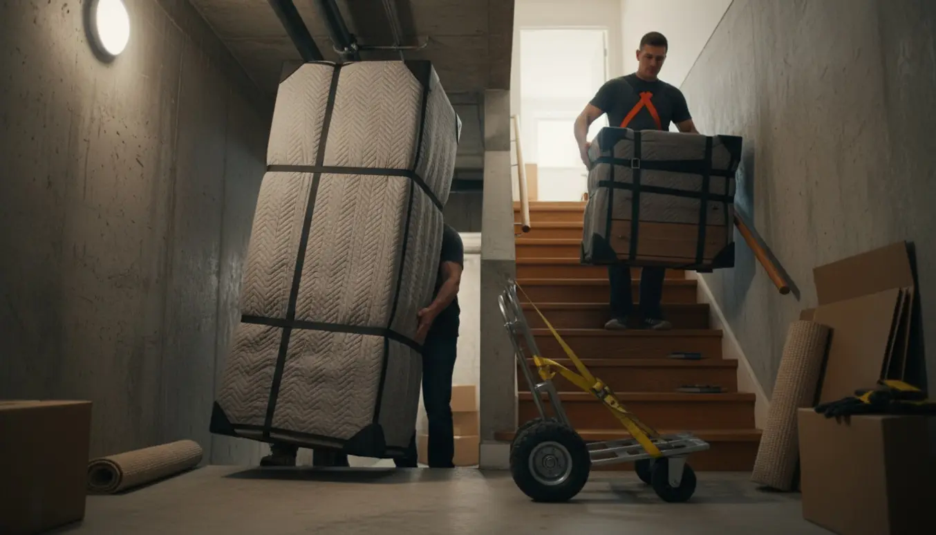 To personer bærer et indpakket skab op ad en trappe, mens en kommode bæres ned til kælderen.